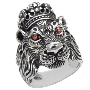 Sterling Silver Lion-King Ring W. Red Eyes size: 7-12
